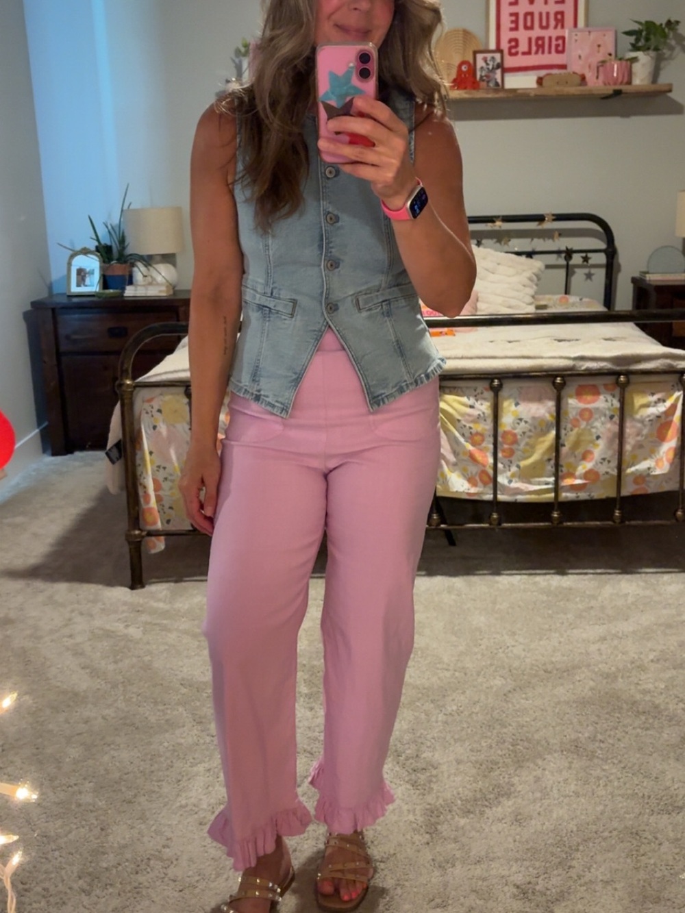 Maeve Pink Ruffle-Hem Wide-Leg Pants
